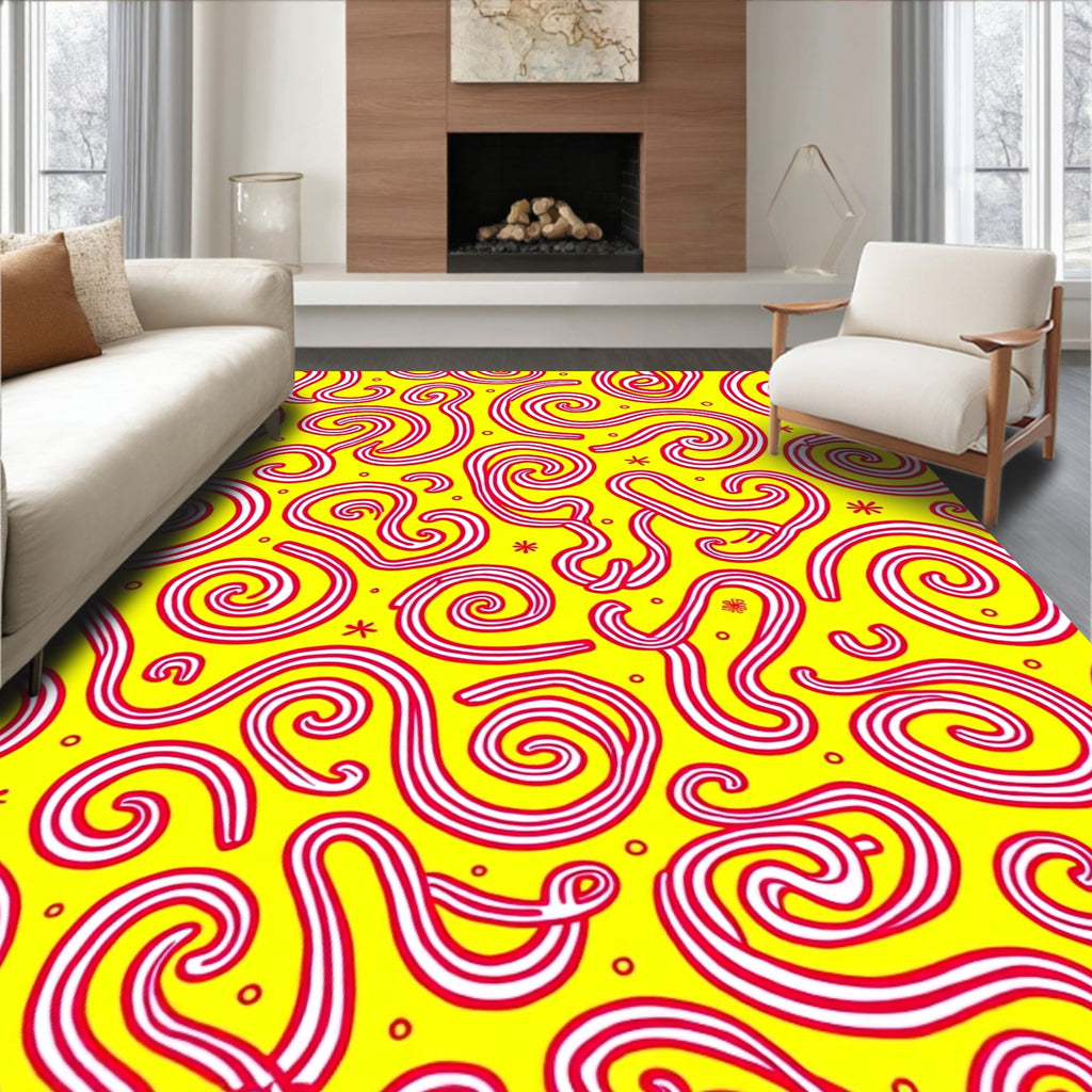 Whimsical Red Swirl Yellow Abstract Rug