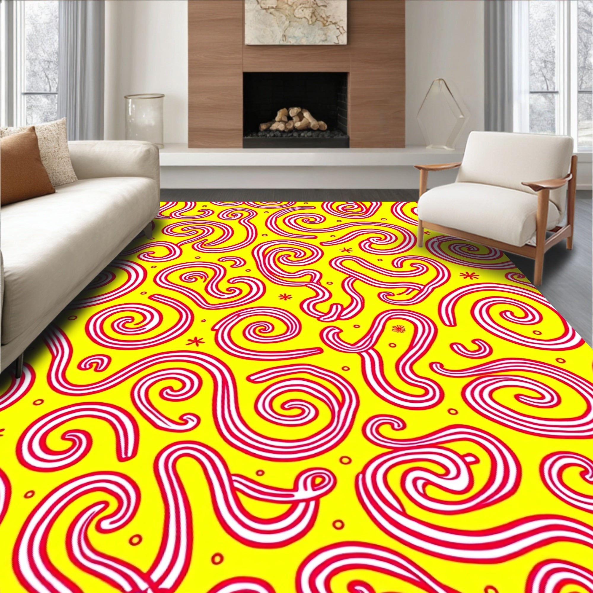 Whimsical Red Swirl Yellow Abstract Rug