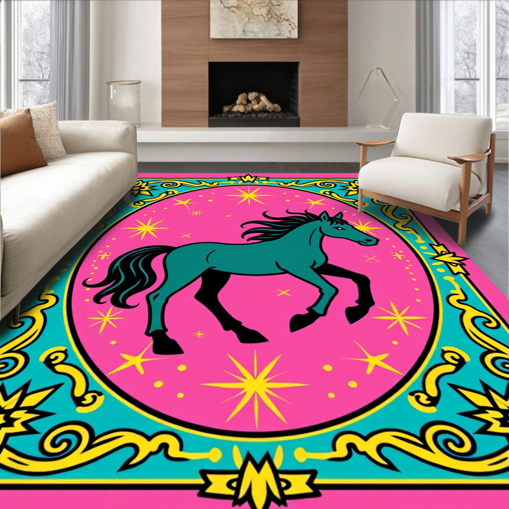Teal Horse with Golden Stars on Pink Rug