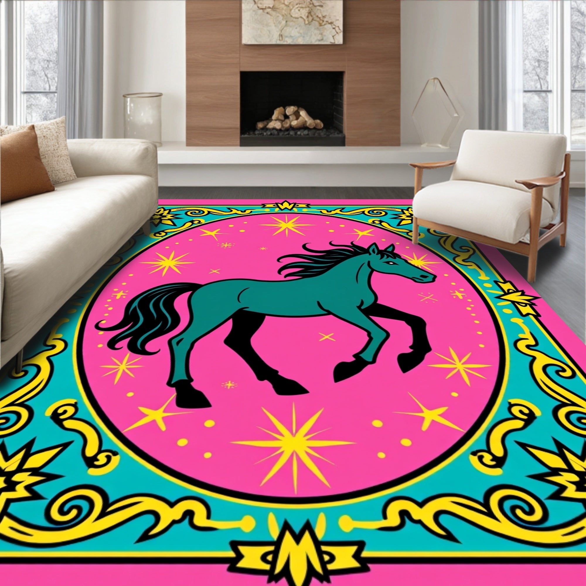 Teal Horse with Golden Stars on Pink Rug