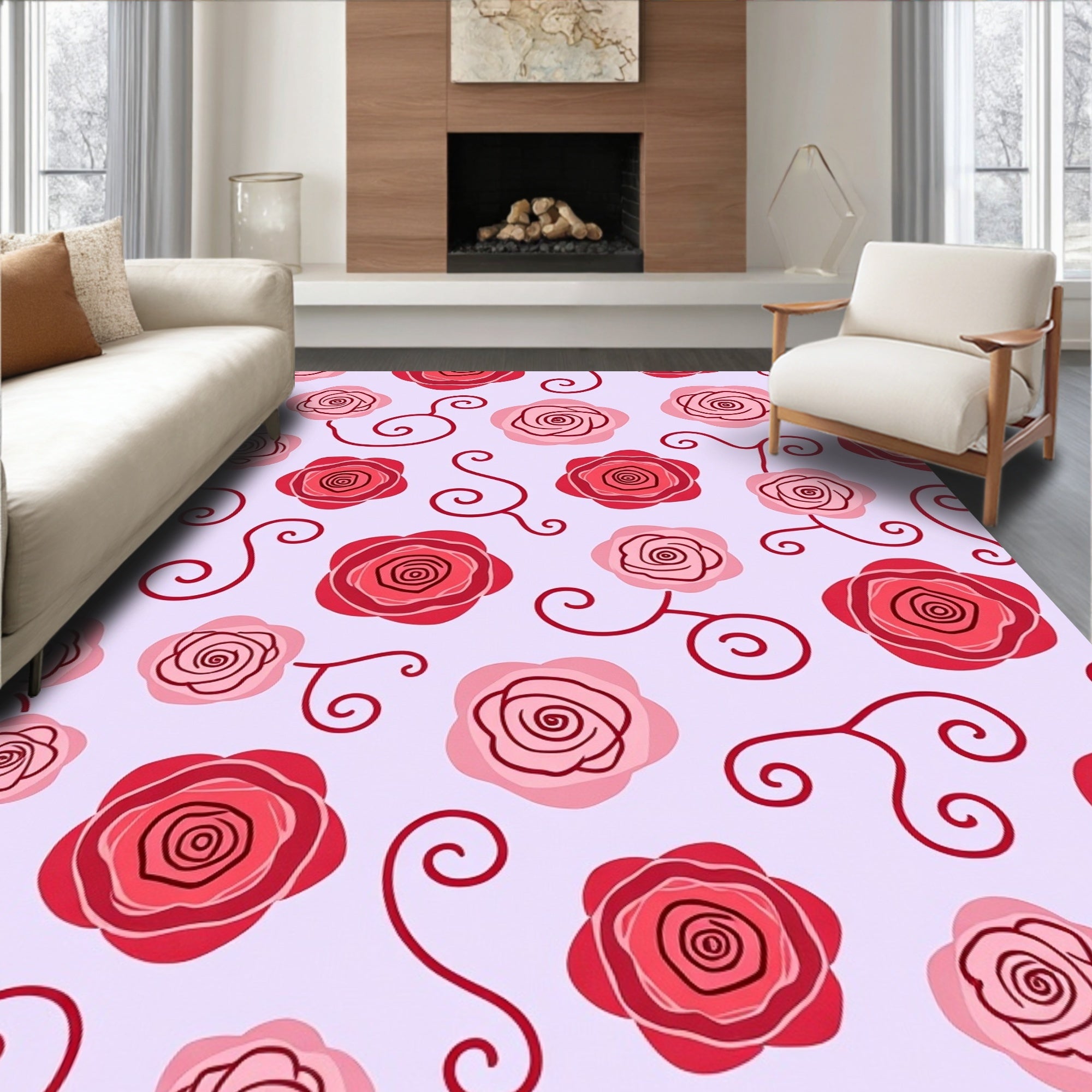 Whimsical Rose Scrollwork Lilac Rug