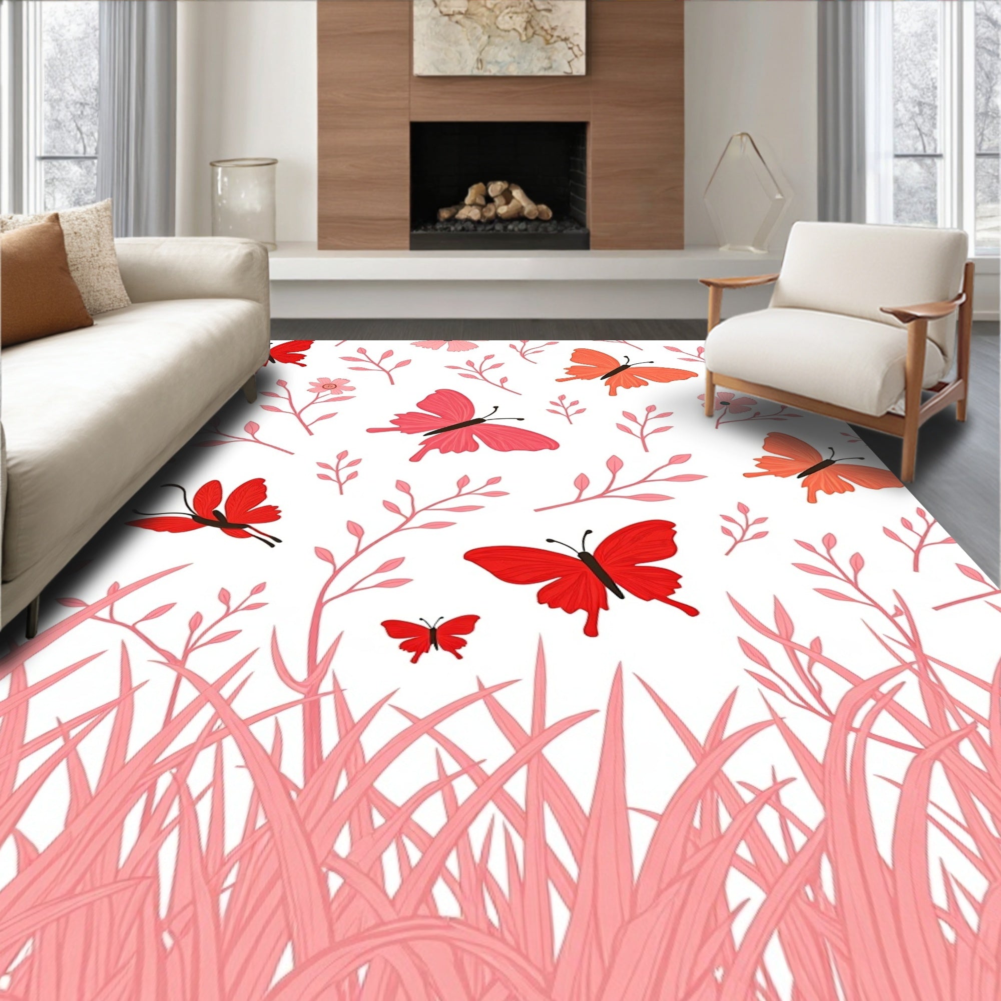 Whimsical Red Butterfly Garden Rug