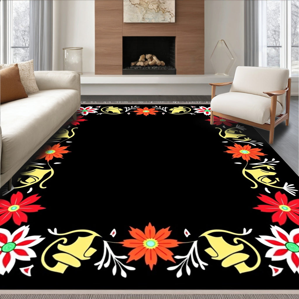 Bold Black Floral Border Medallion Rug
