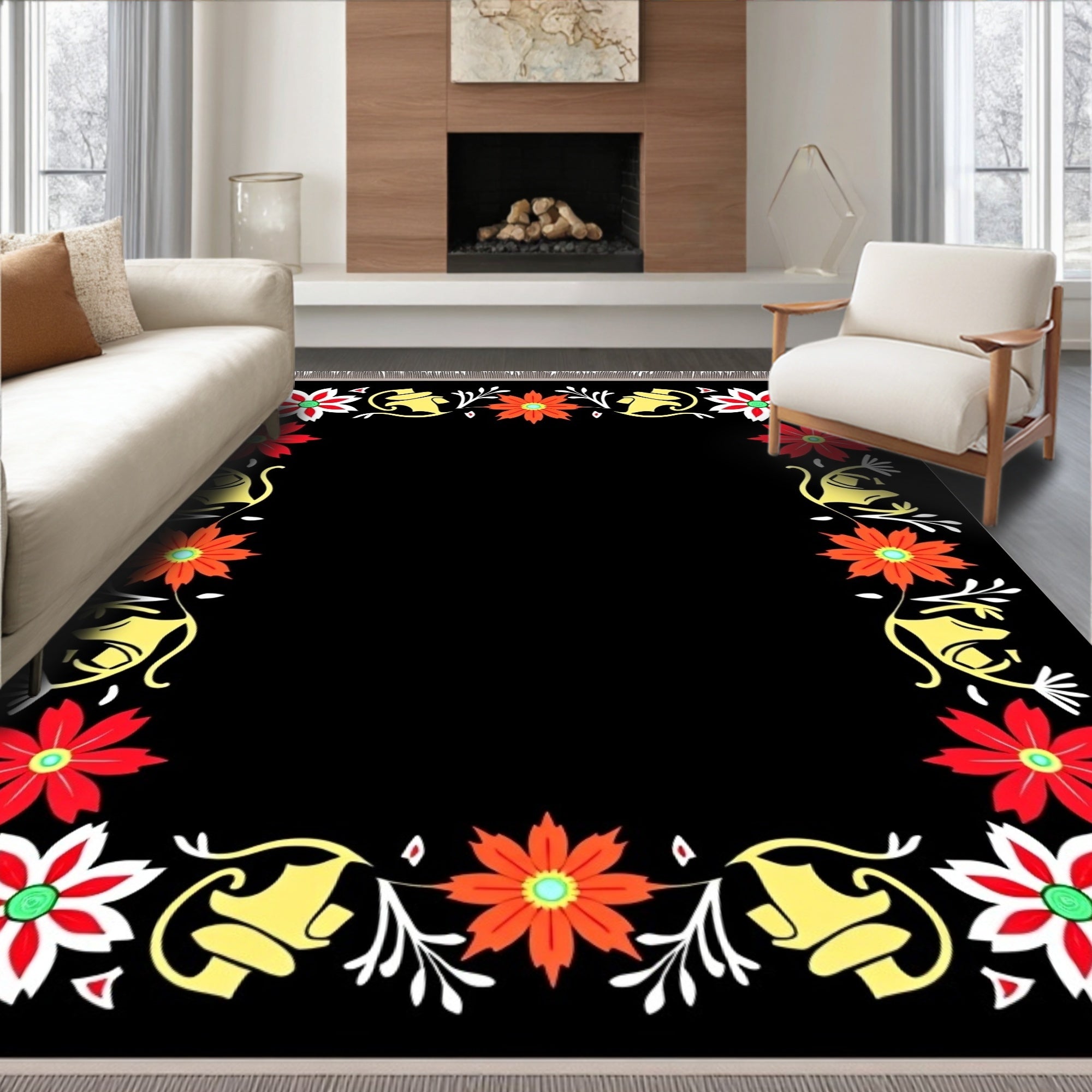Bold Black Floral Border Medallion Rug