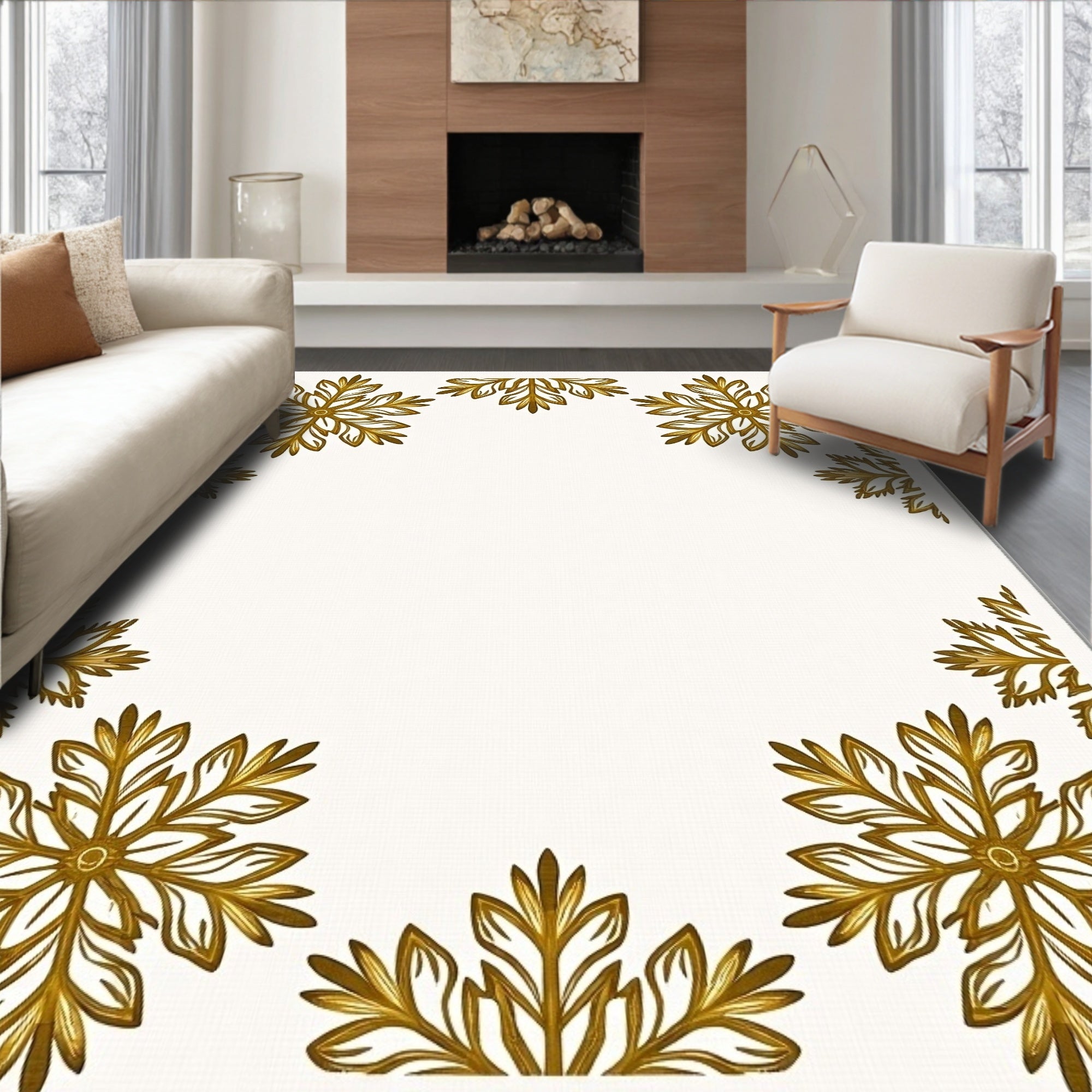 Golden Starburst Snowflake Border Rug