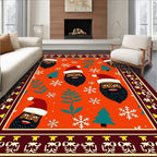 Festive Orange Santa Heads Snowflakes Trees Rug