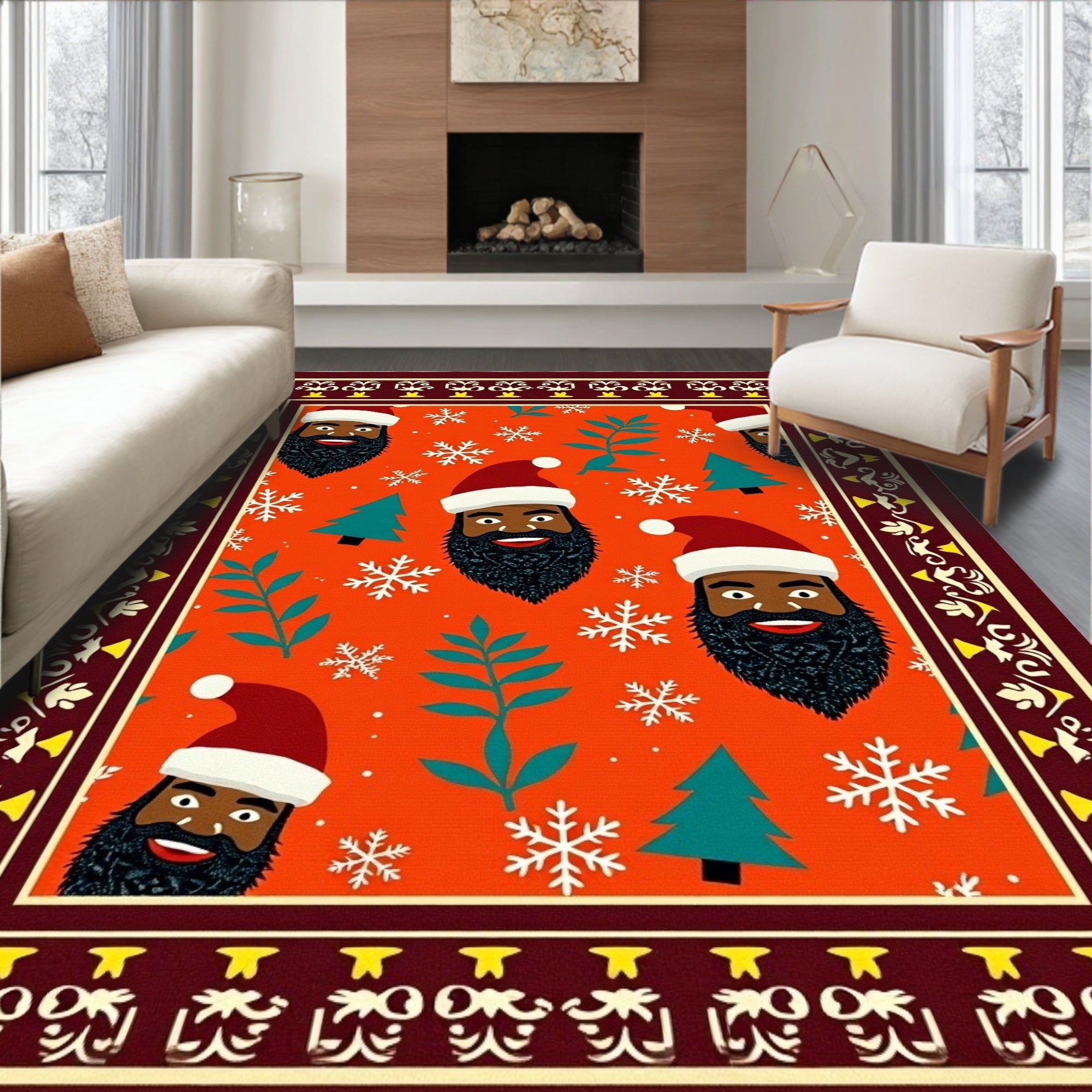 Festive Orange Santa Heads Snowflakes Trees Rug