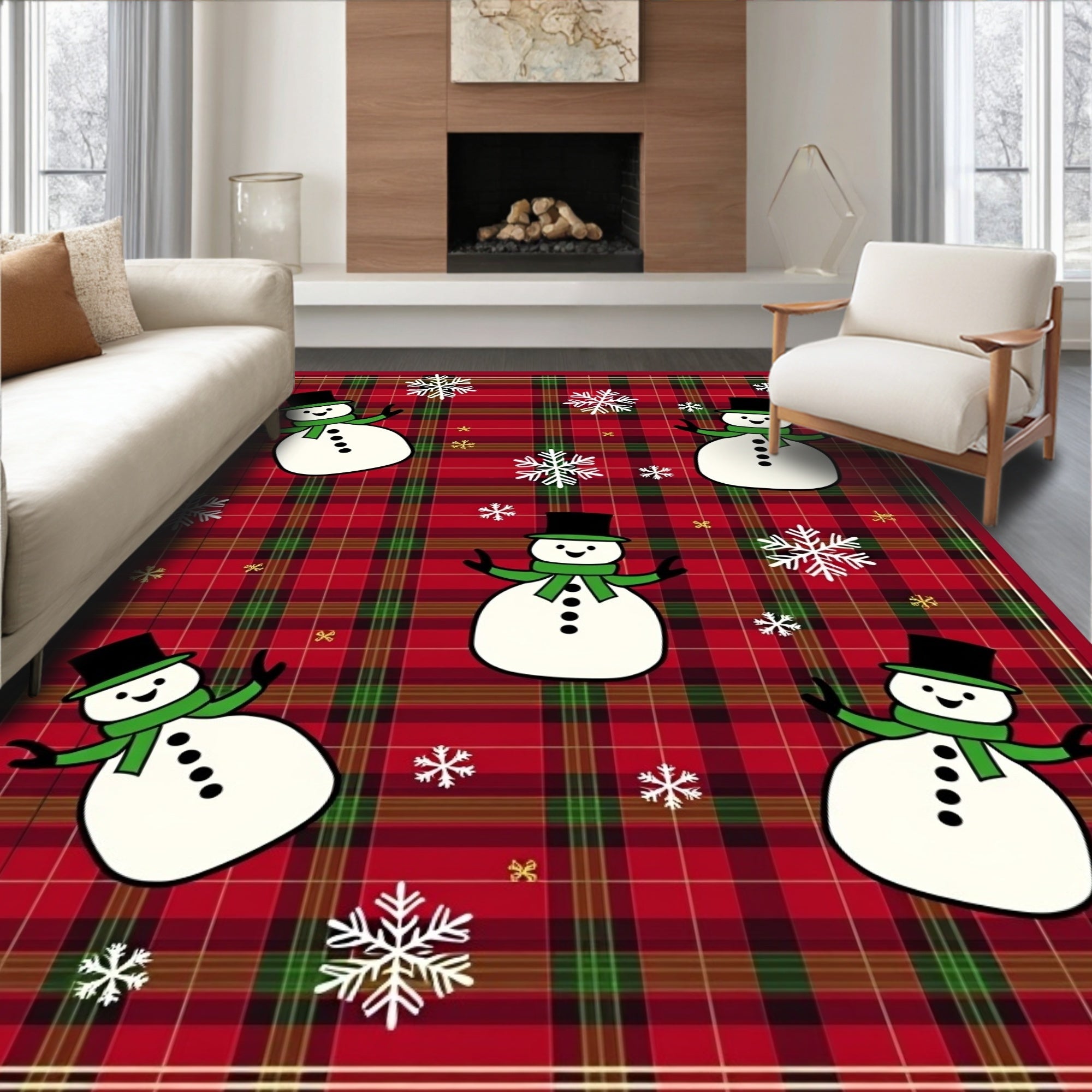 Red Plaid Snowmen and Snowflakes Accent Rug