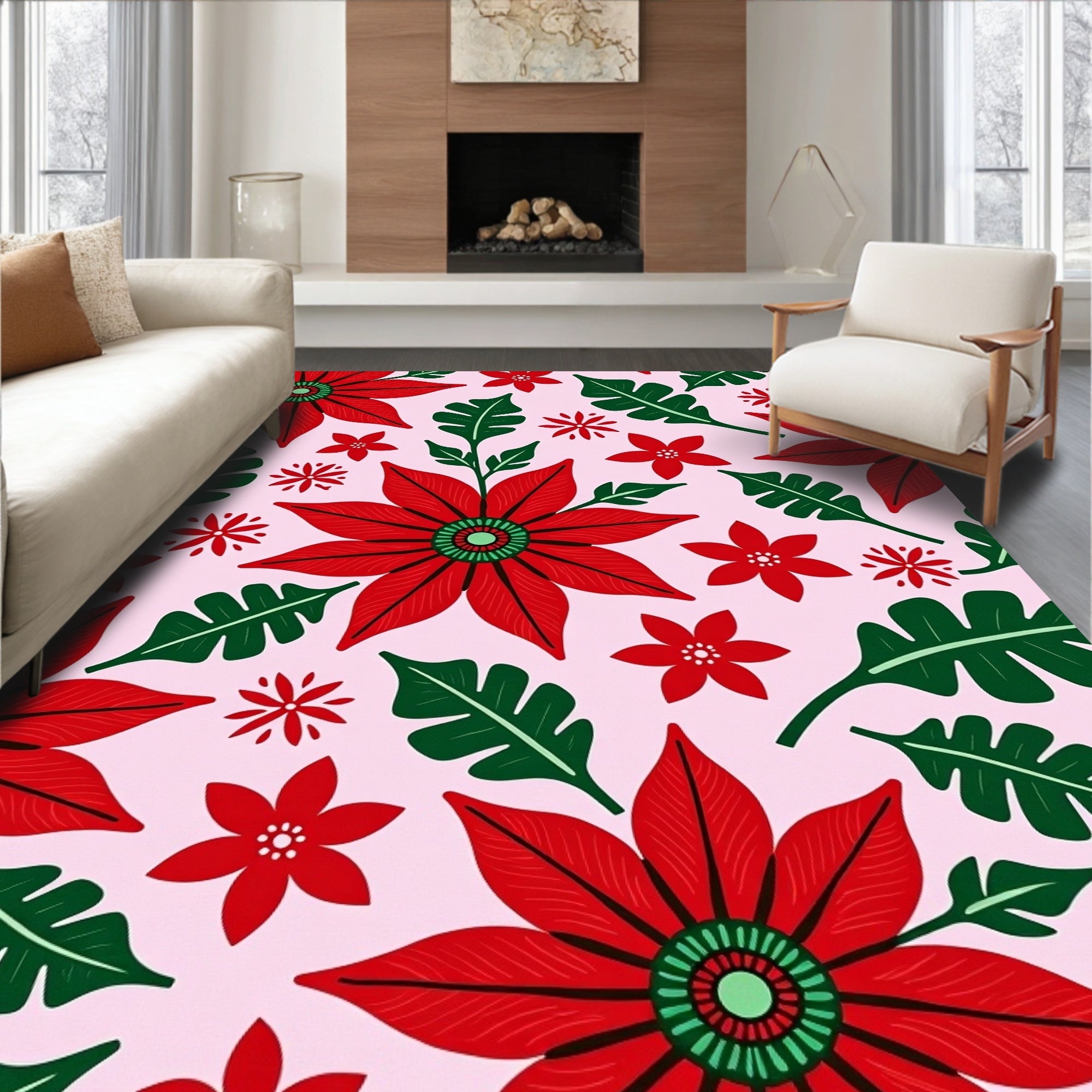 Festive Red Poinsettia Floral Arrangement Rug