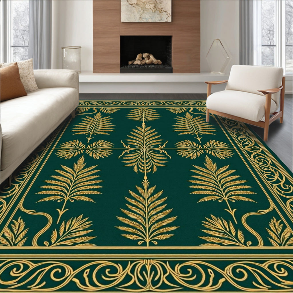 Emerald Green Gold Leaf Border Rug