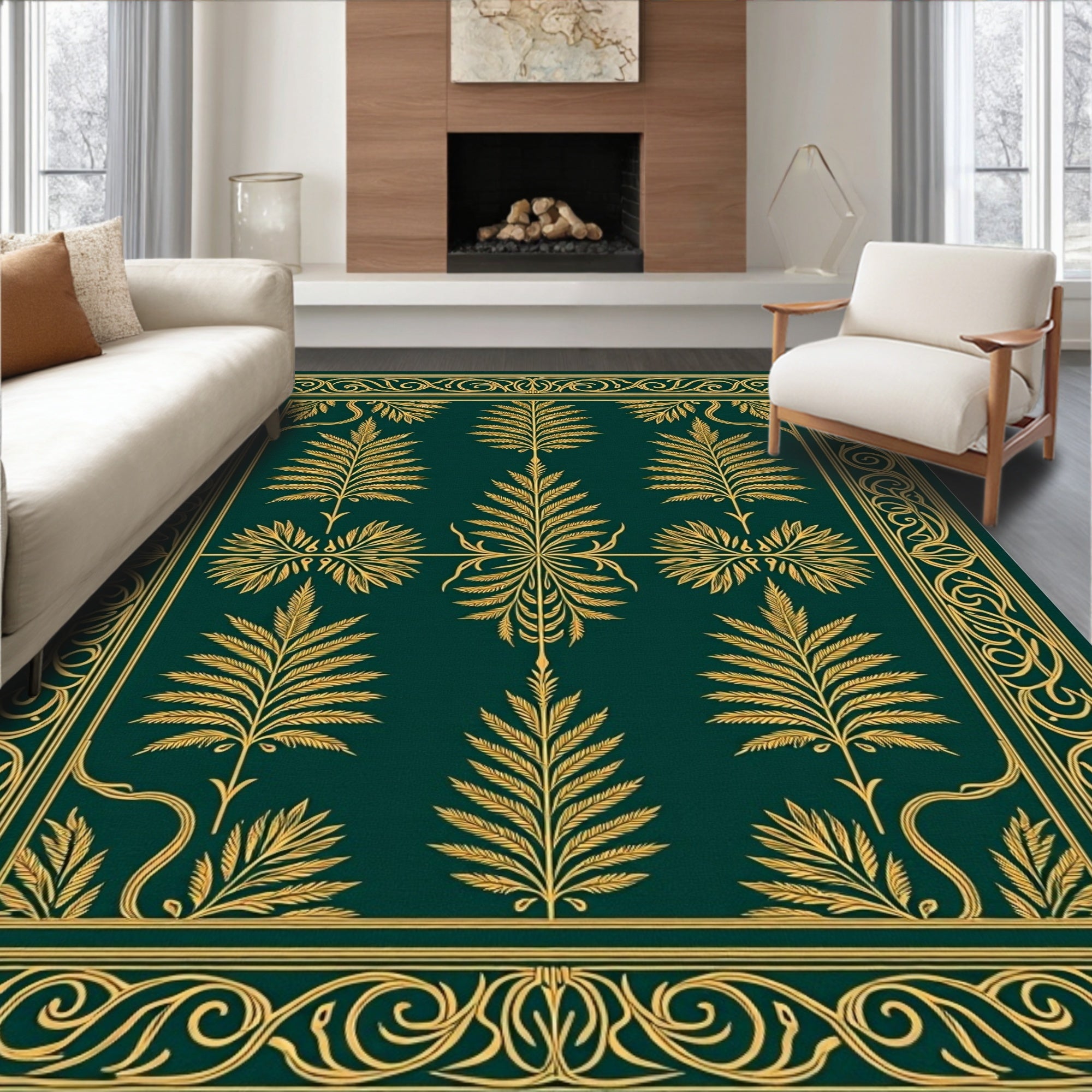 Emerald Green Gold Leaf Border Rug
