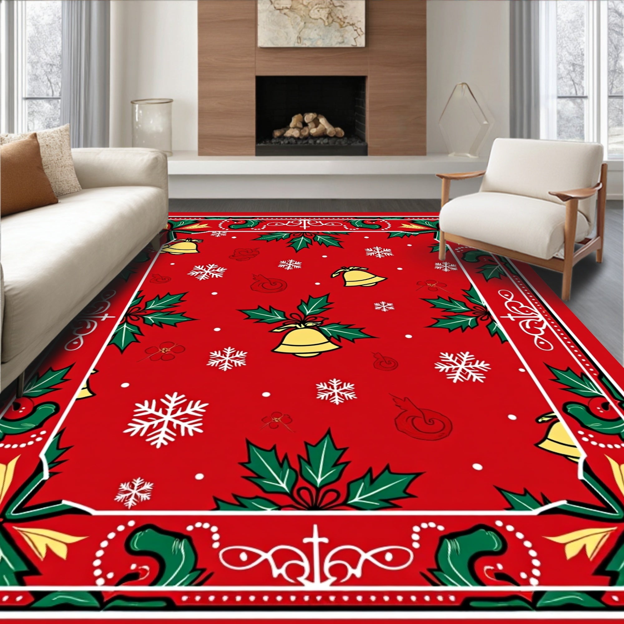 Festive Red Holly Bell Snowflake Rug