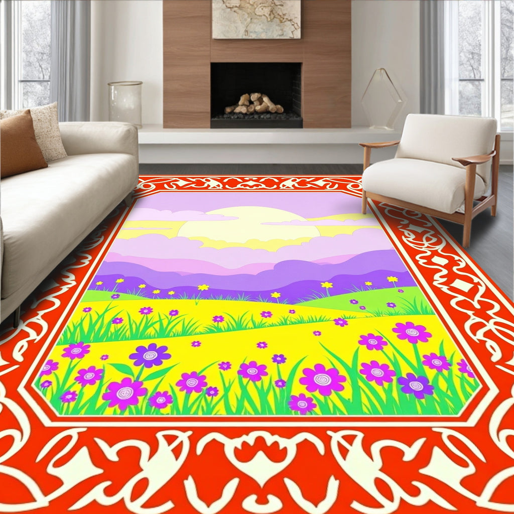 Vivid Retro Sunflowers Fields and Hills Rug