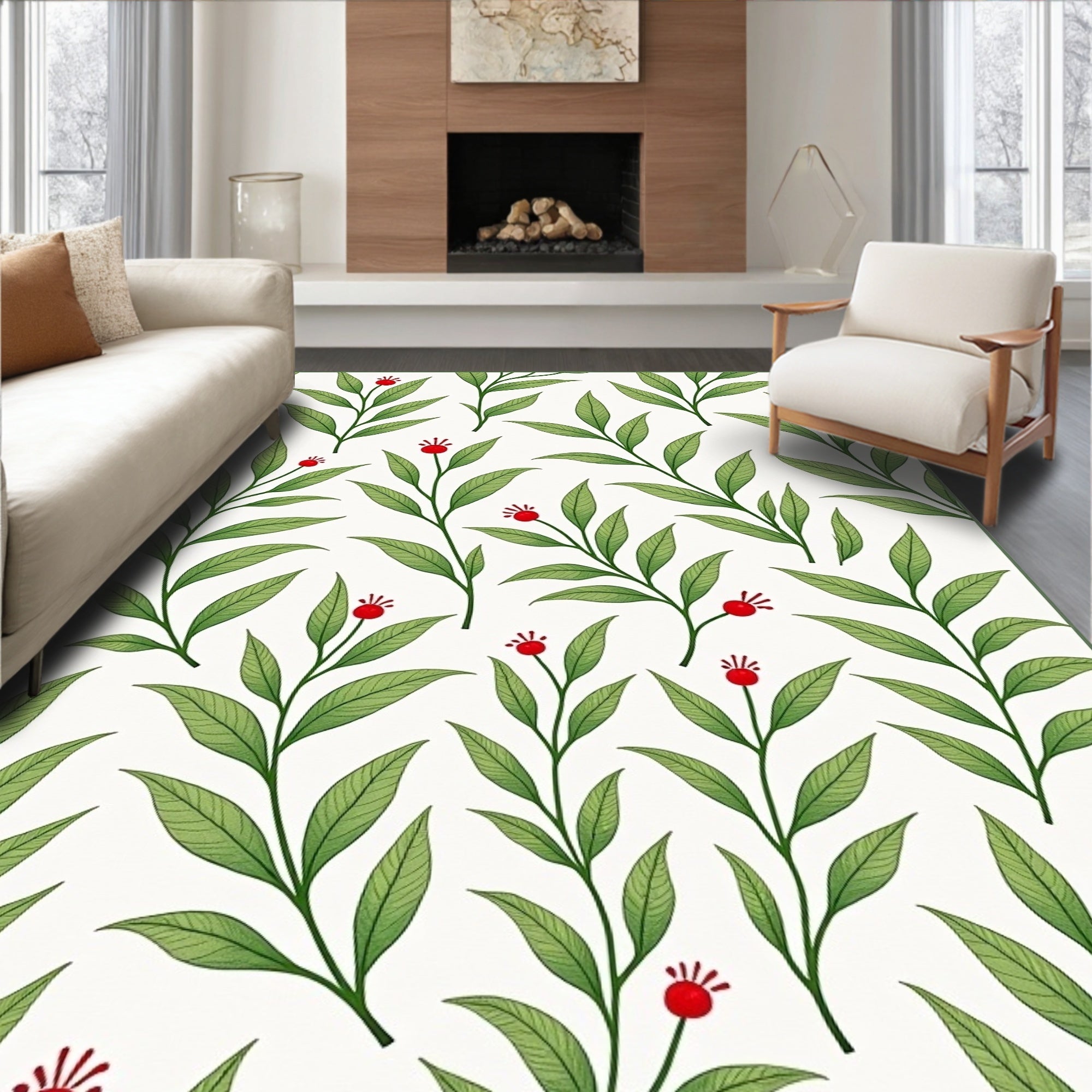 Green Leafy Twigs Red Berries Rug