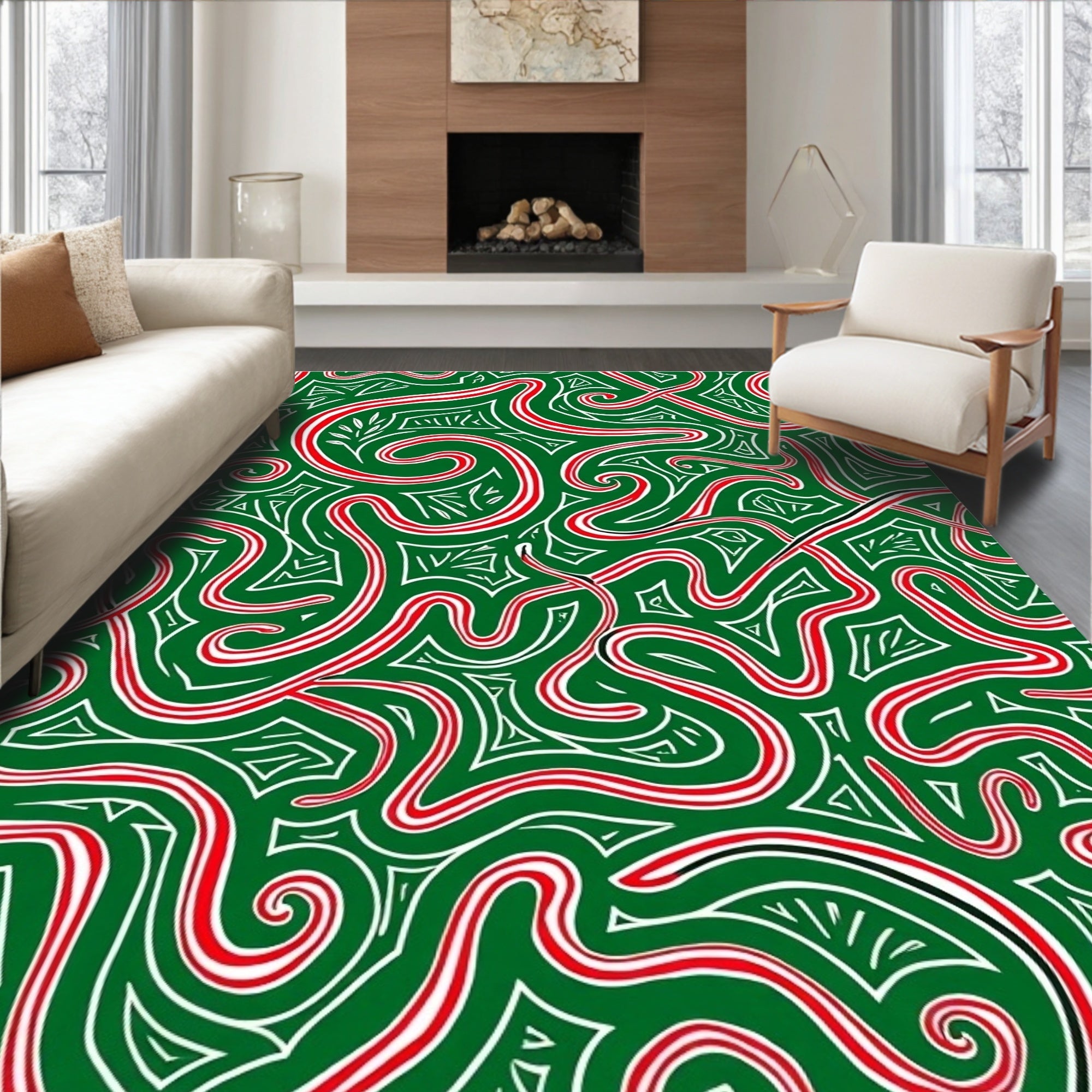 Whimsical Green Red Swirl Lines Rug