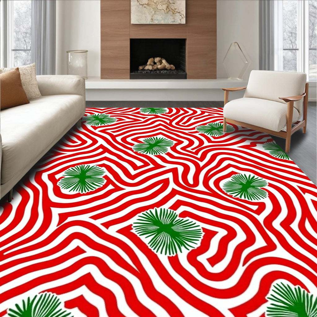 Red White Green Botanical Swirl Rug