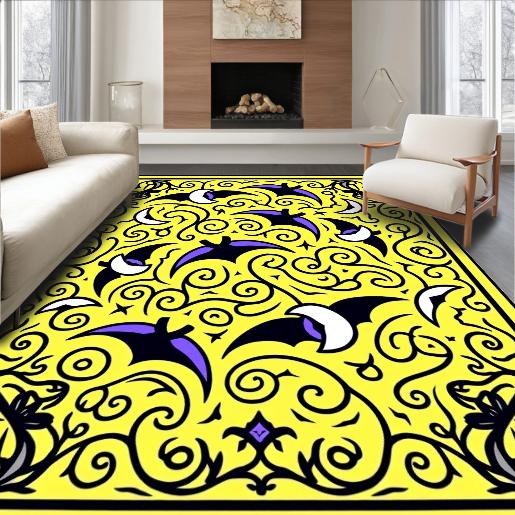 Yellow Bat and Moon Swirls Rug