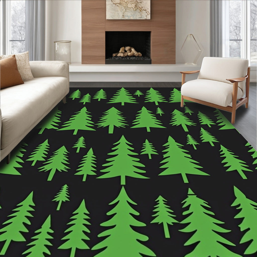 Forest Green Evergreen Trees Background Rug