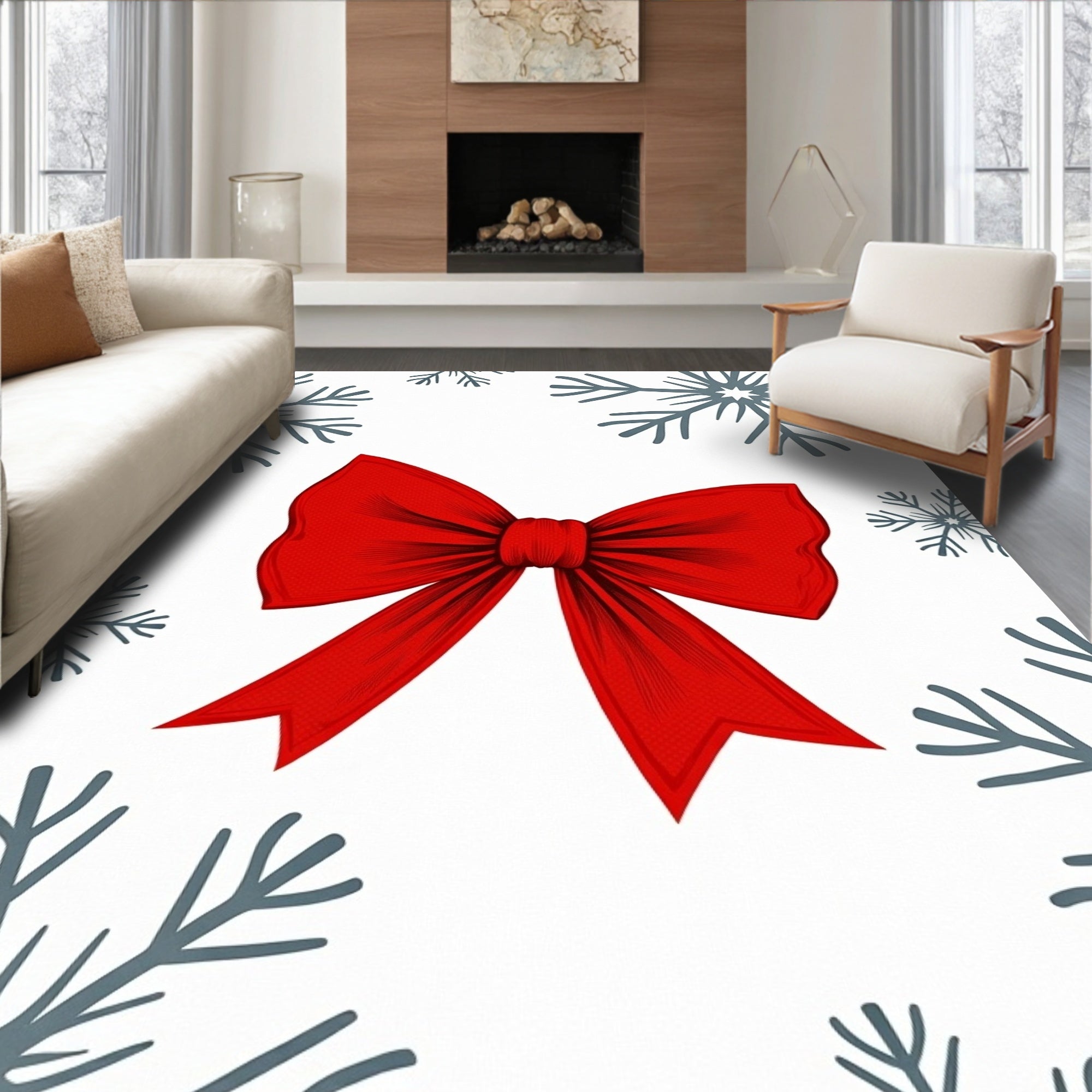 Crimson Red Bow Snowflakes Rug