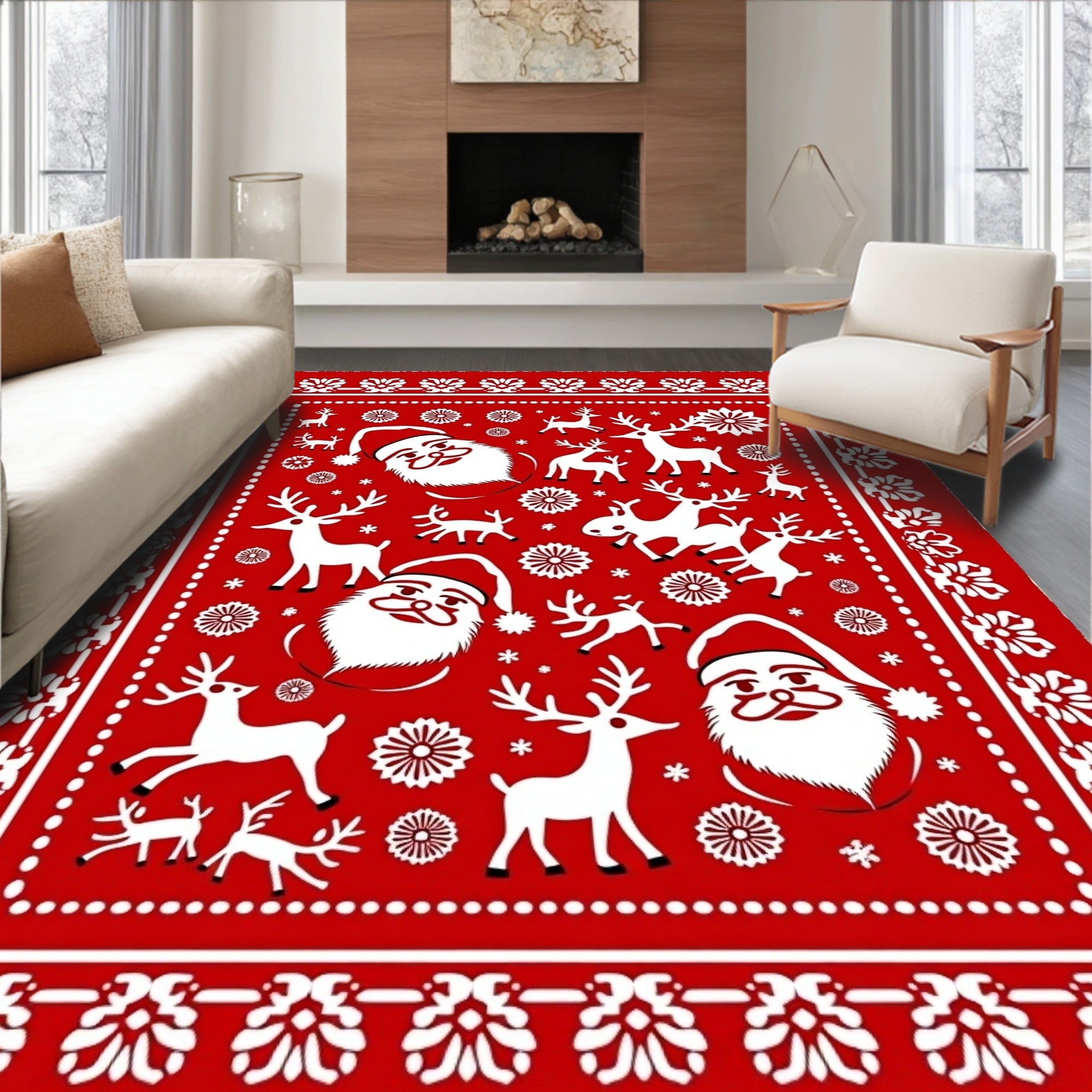 Red Santa Reindeer Snowflake Holiday Rug