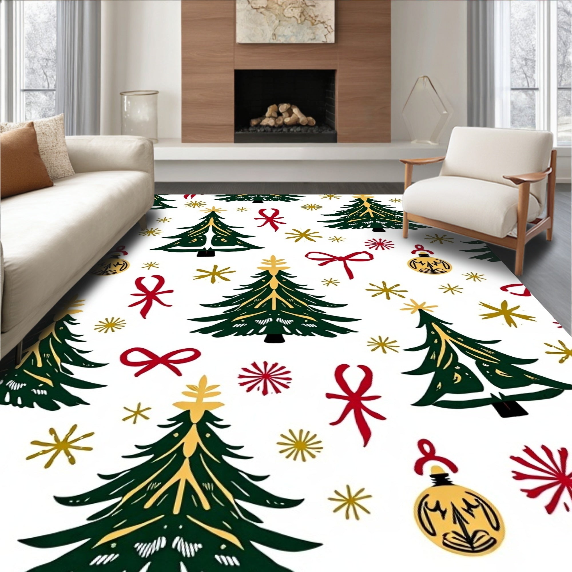 Festive Green Trees Red Gold Accents Rug