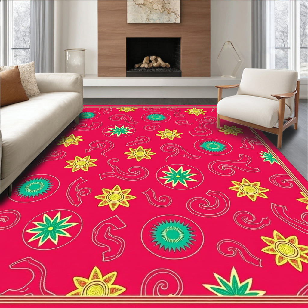 Vibrant Red Sunburst Swirl Arrangement Rug
