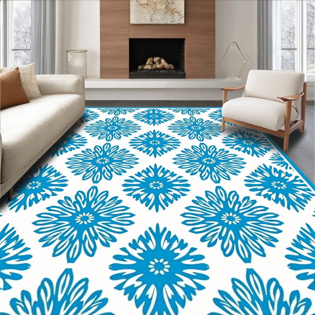 Bright Blue Floral Diamond Repeat Rug