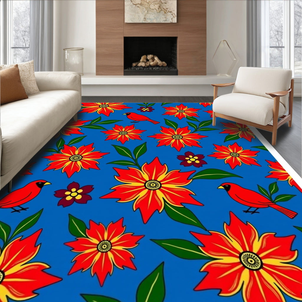 Bright Red Cardinal Floral Meadow Rug