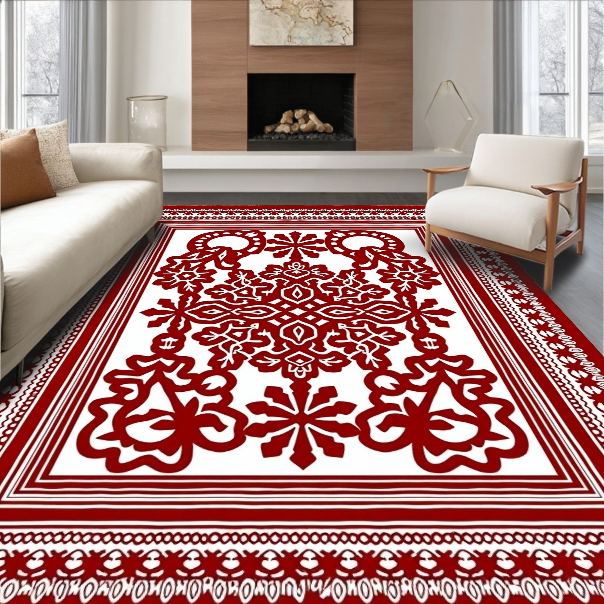 Crimson Intricate Floral Medallion Frame Rug