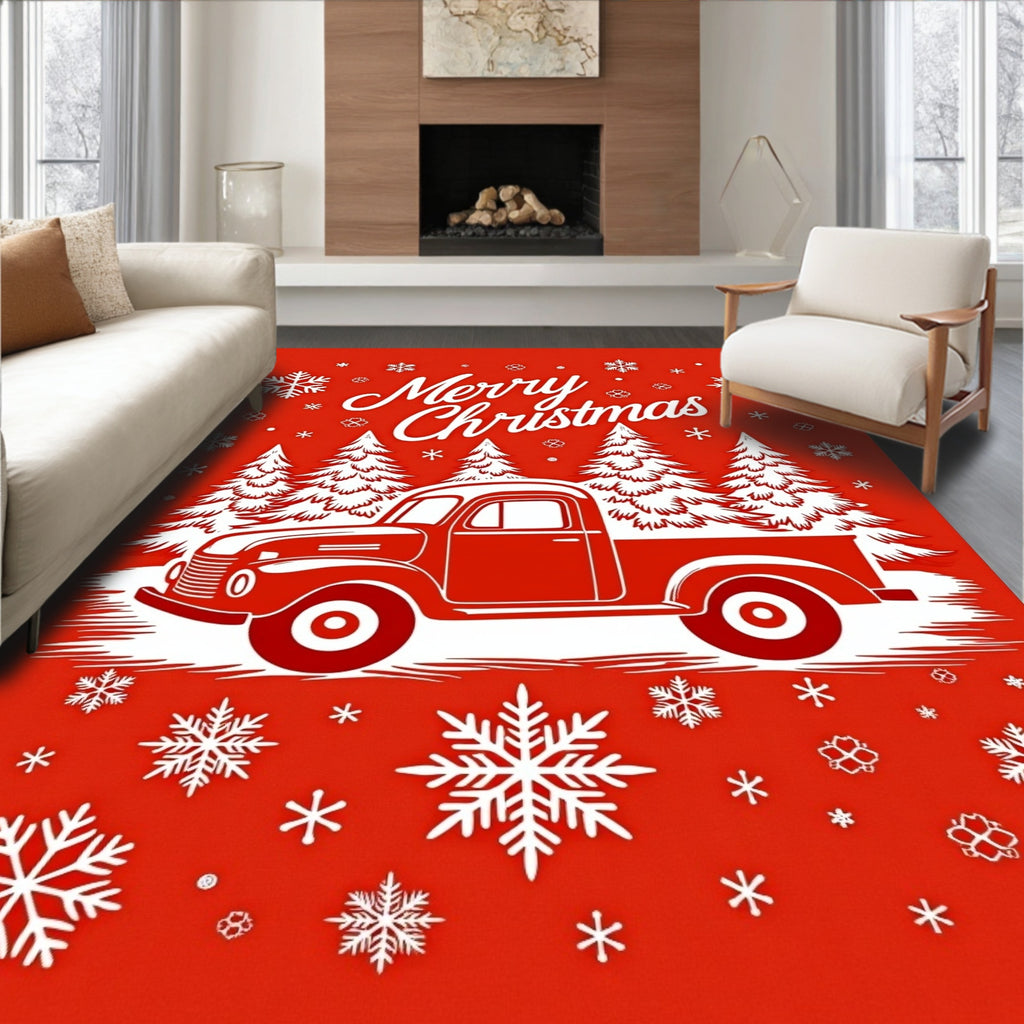 Vintage Red Truck Snowflakes Christmas Card Rug