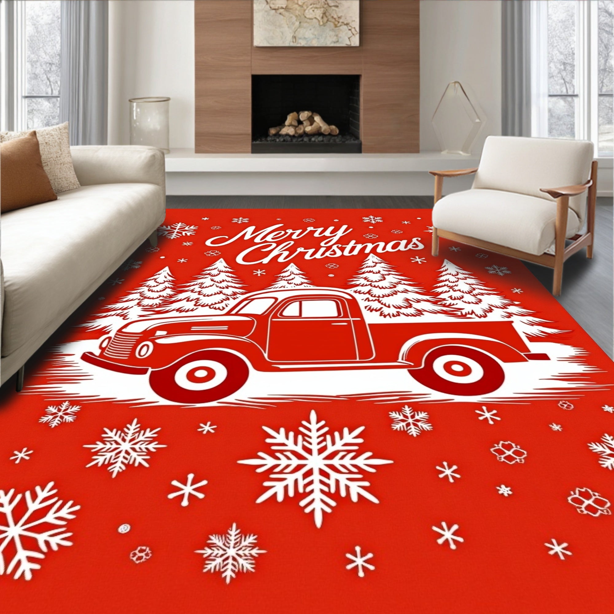 Vintage Red Truck Snowflakes Christmas Card Rug