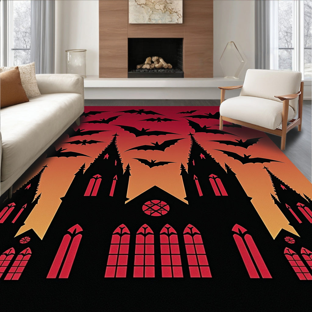 Dark Gothic Castle Bats Silhouette Rug