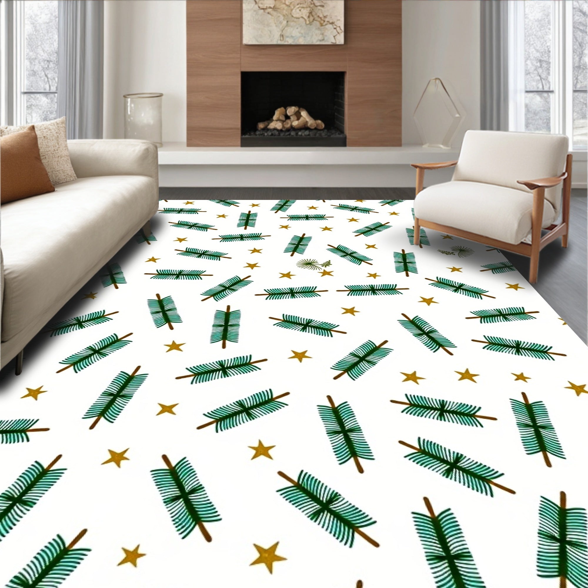 Green Pine Boughs Gold Stars Rug