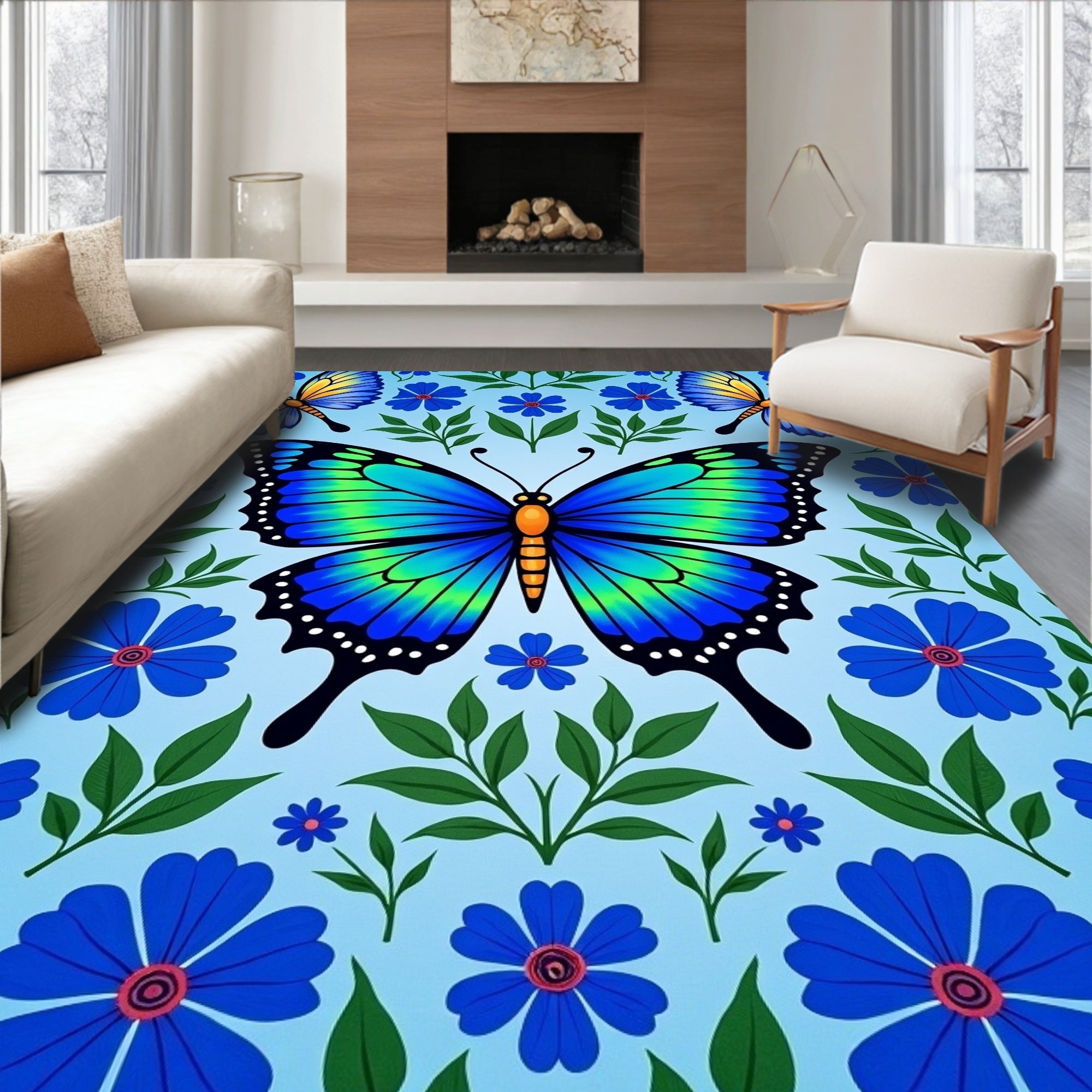 Blue Green Butterfly Garden Floral Rug