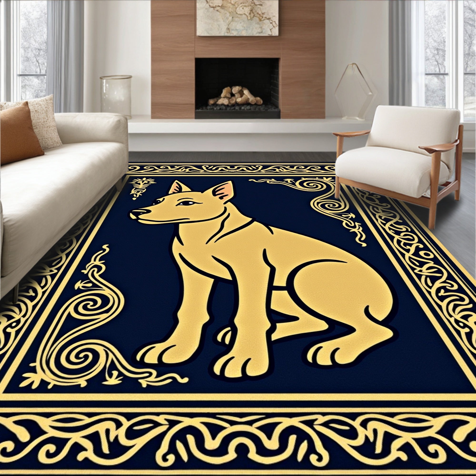 Golden Dog Portrait Navy Ornate Rug