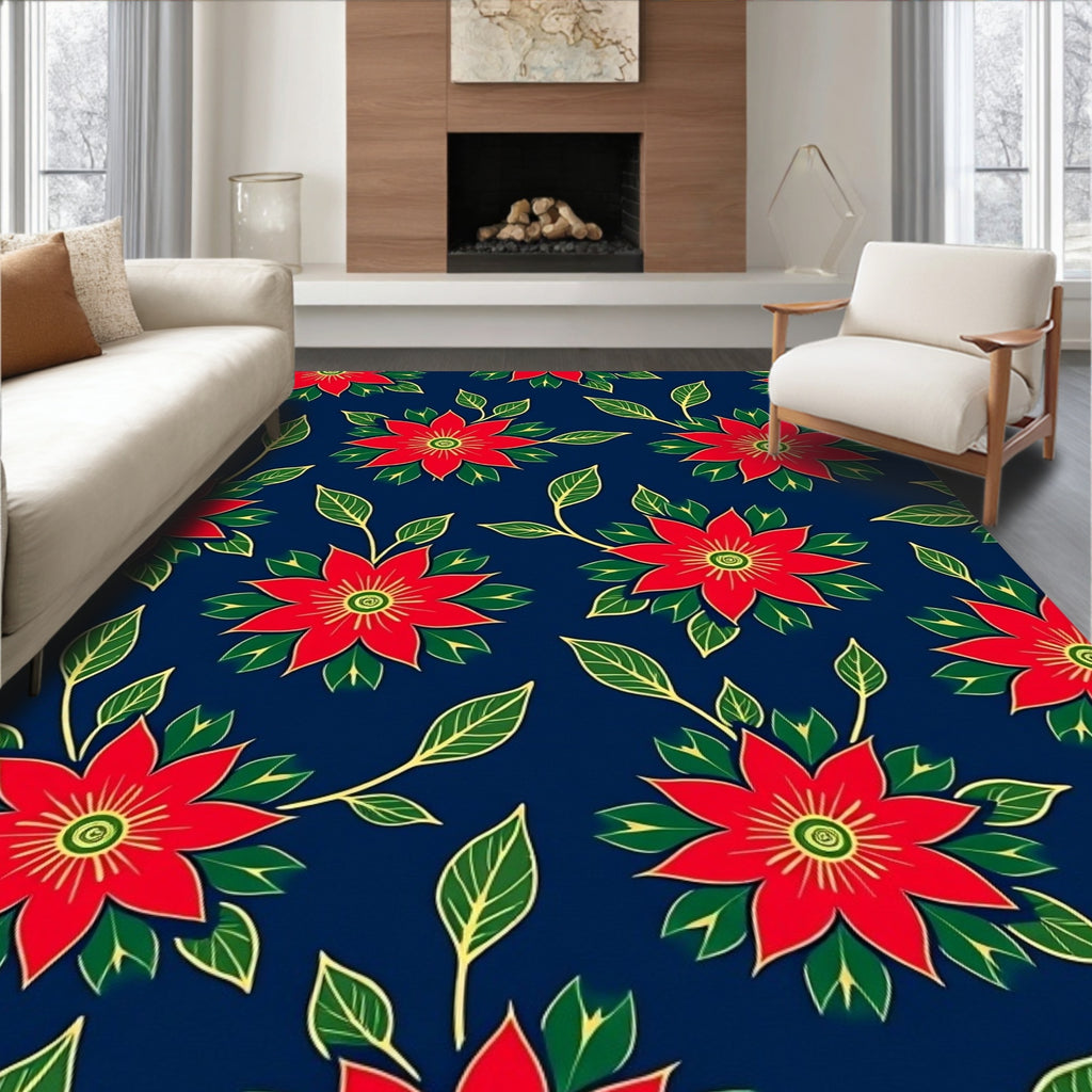 Red Floral Vine Dark Blue Rug