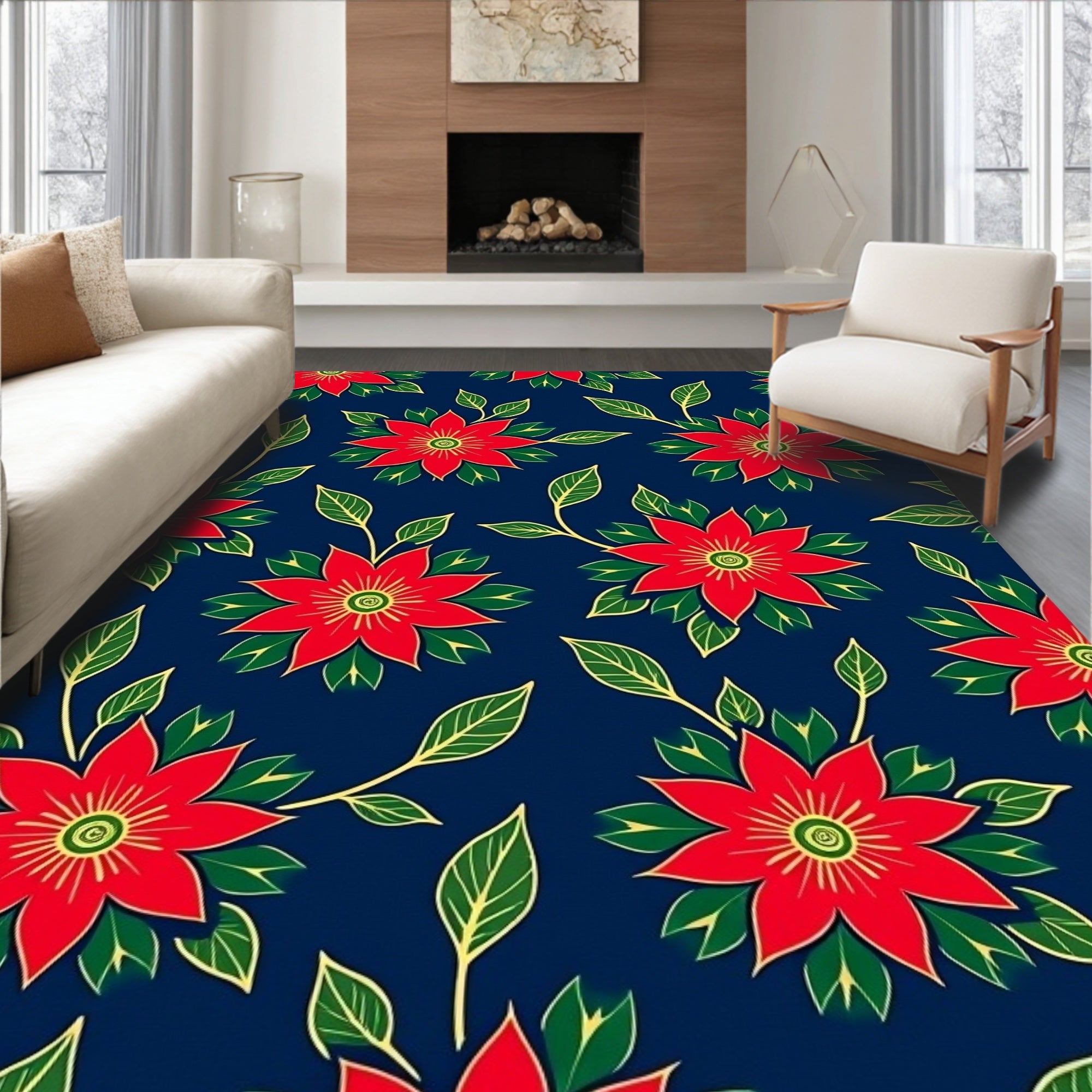 Red Floral Vine Dark Blue Rug