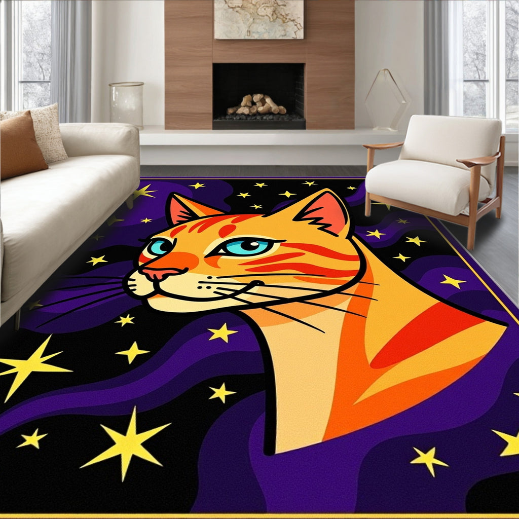 Orange Cat With Blue Eye Stars Rug