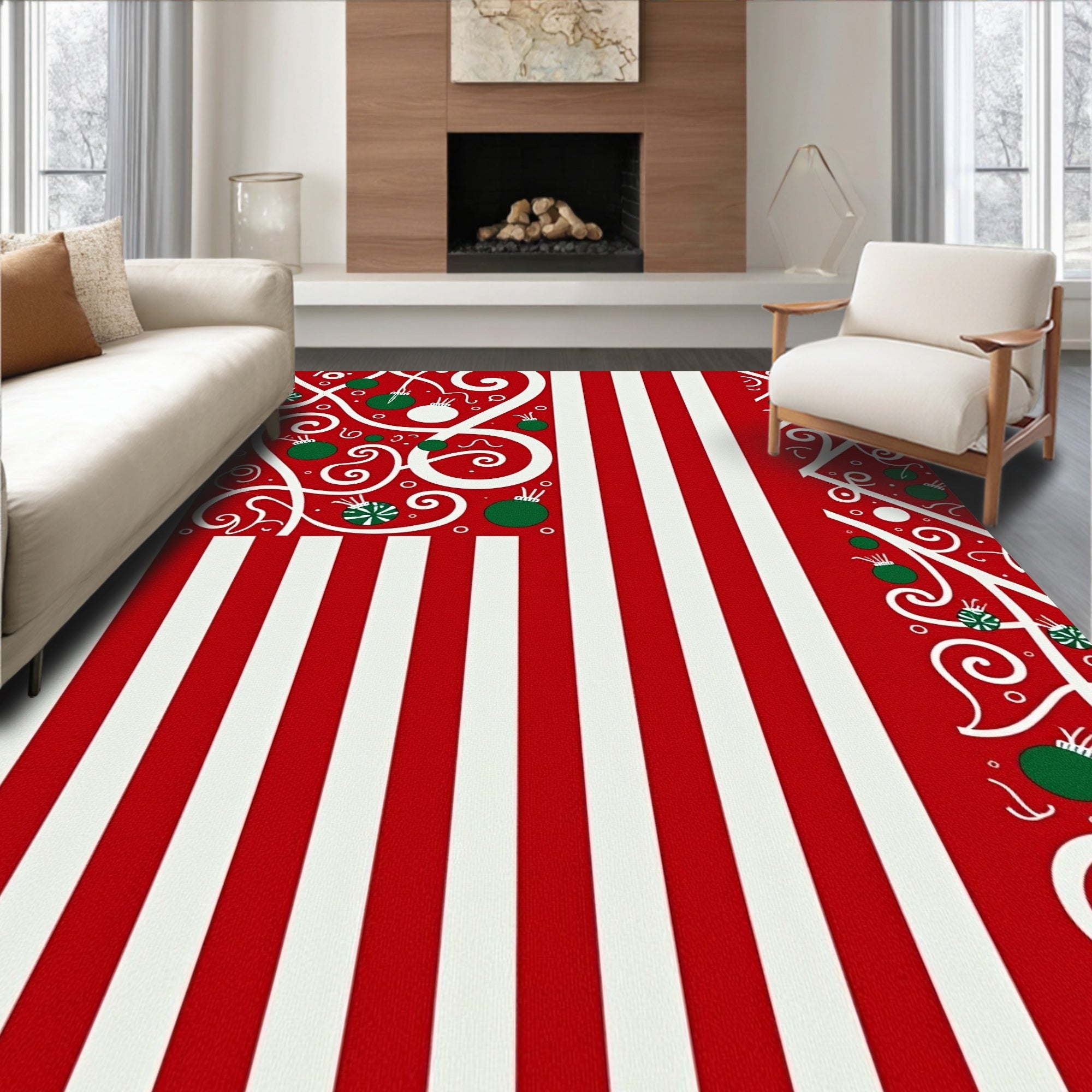 Festive Red Green Ornament Swirl Stripes Rug