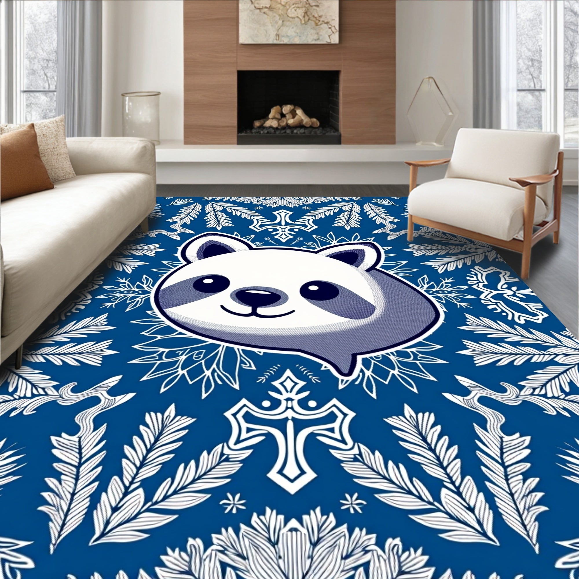 Cute Panda Blue Floral Collage Rug