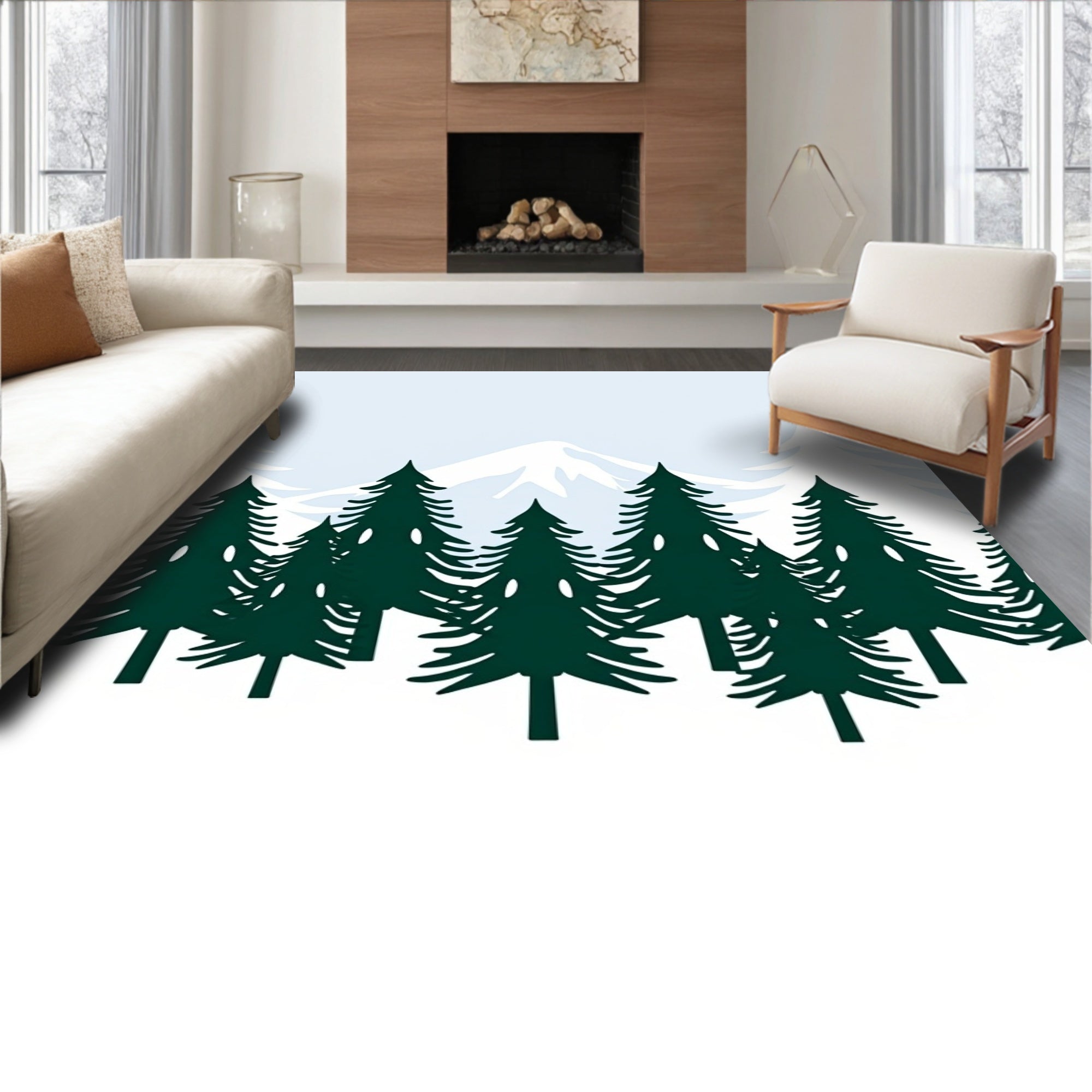 Dark Green Forest Snow Mountain Panorama Rug