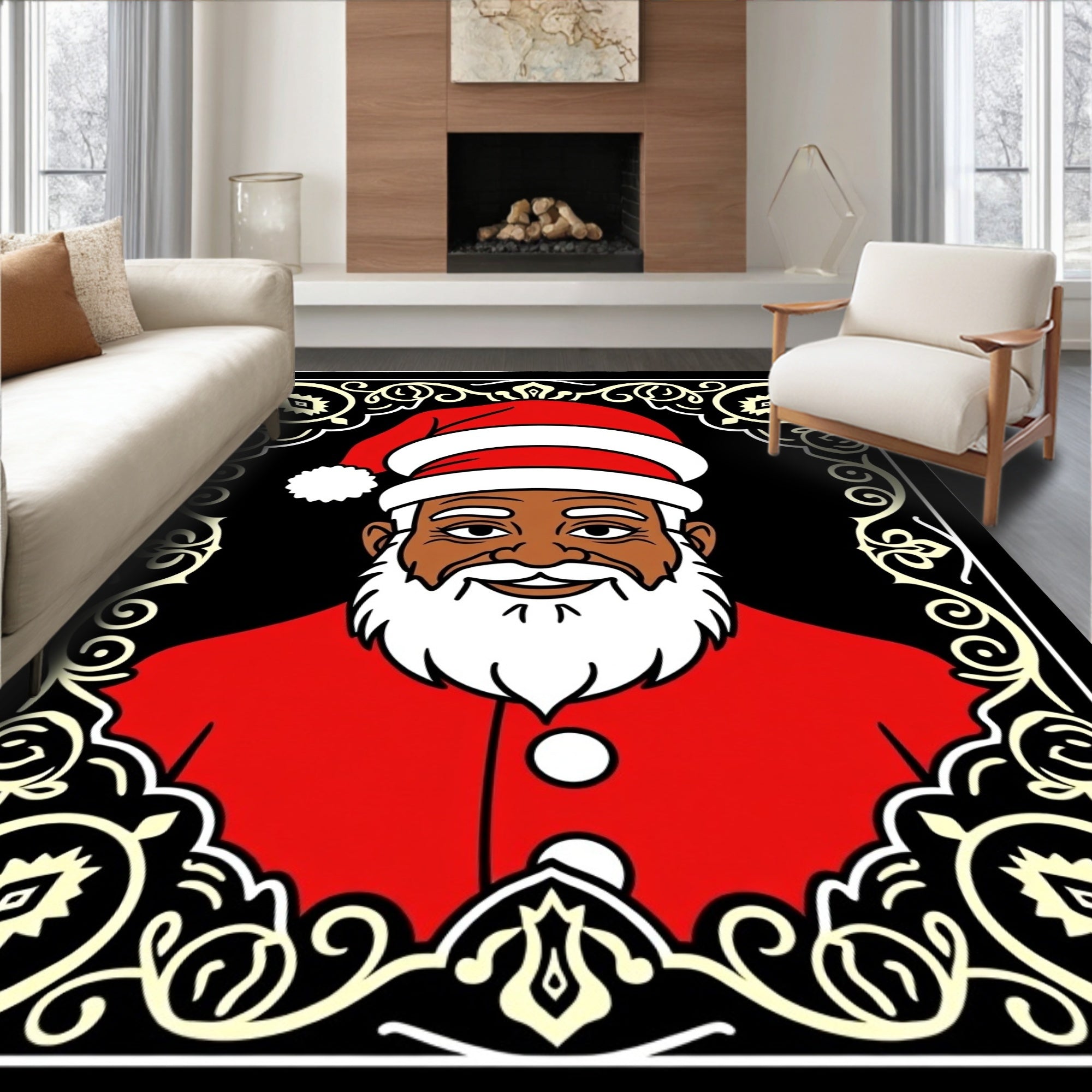 Festive Black Santa Portrait Frame Rug