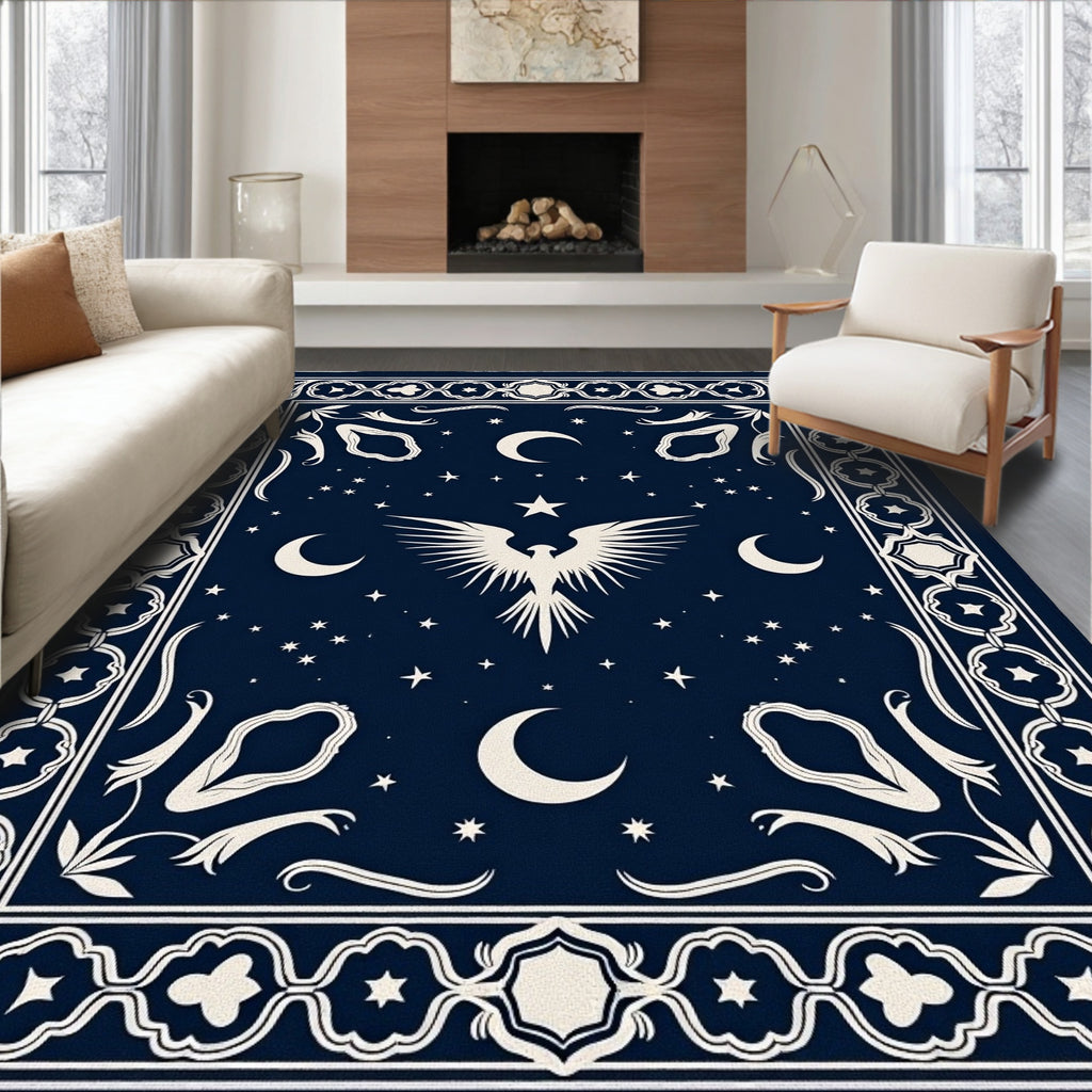 Celestial Phoenix Moon Stars Navy Rug