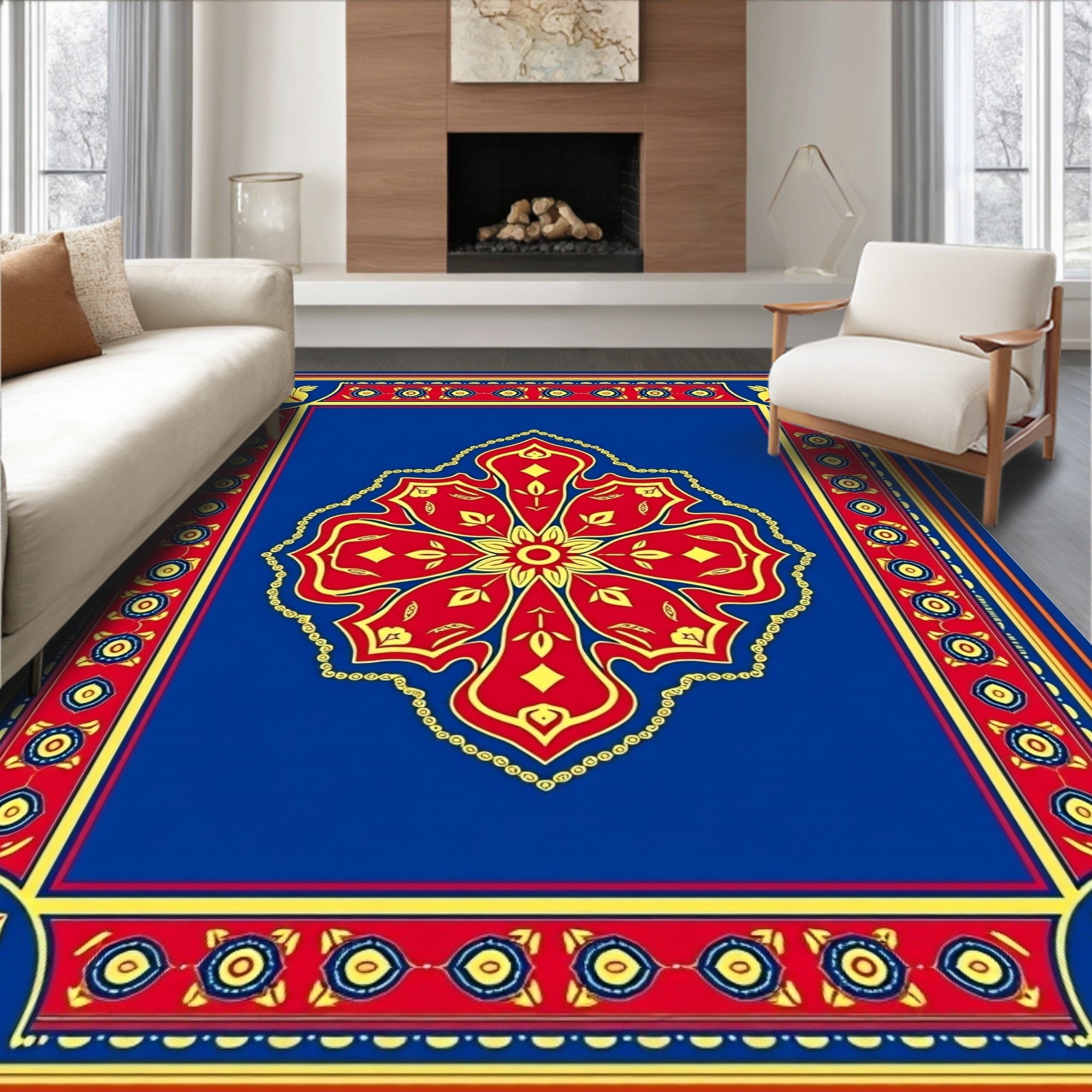 Bold Red Yellow Flower Medallion Rug