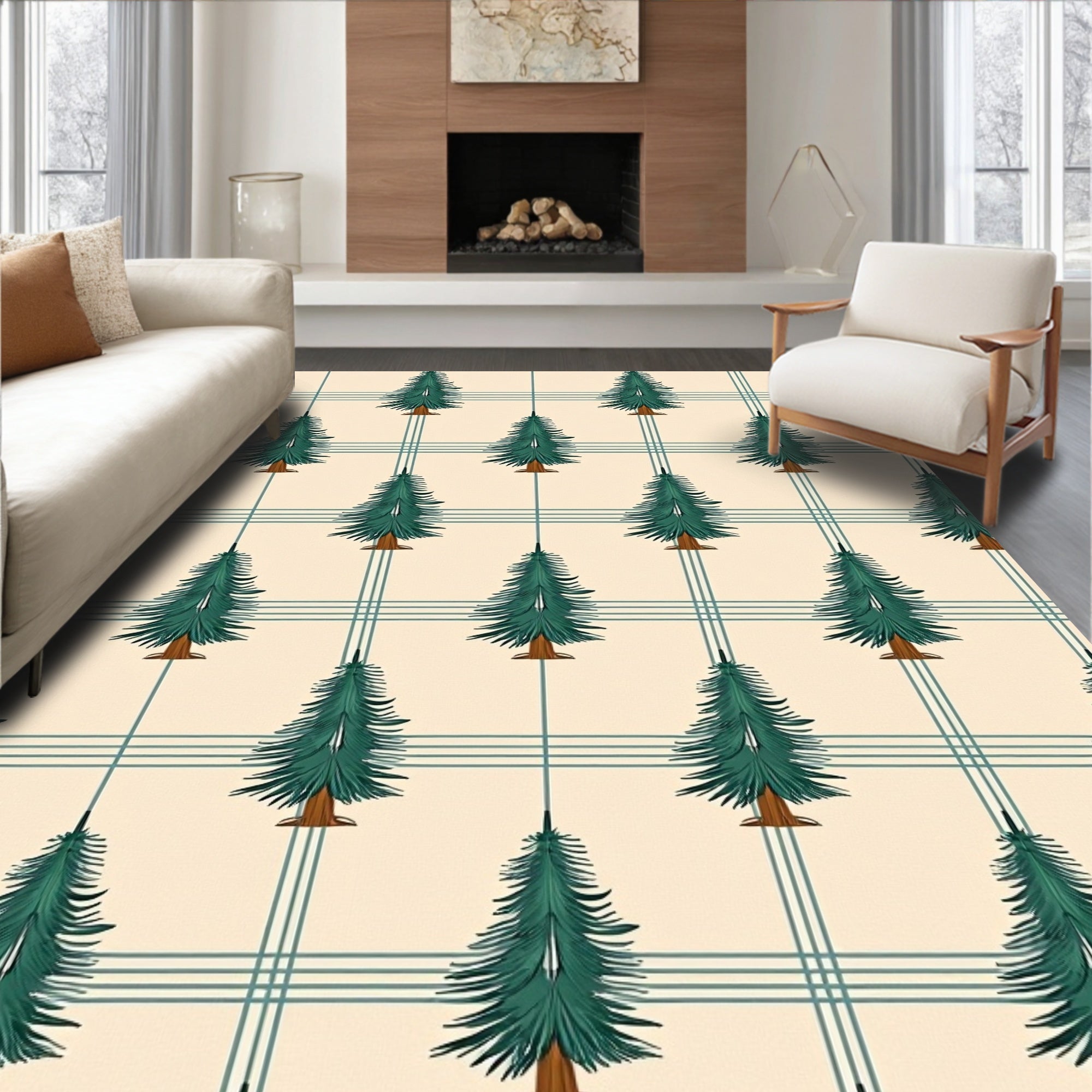 Green Pine Trees Plaid Backdrop Rug