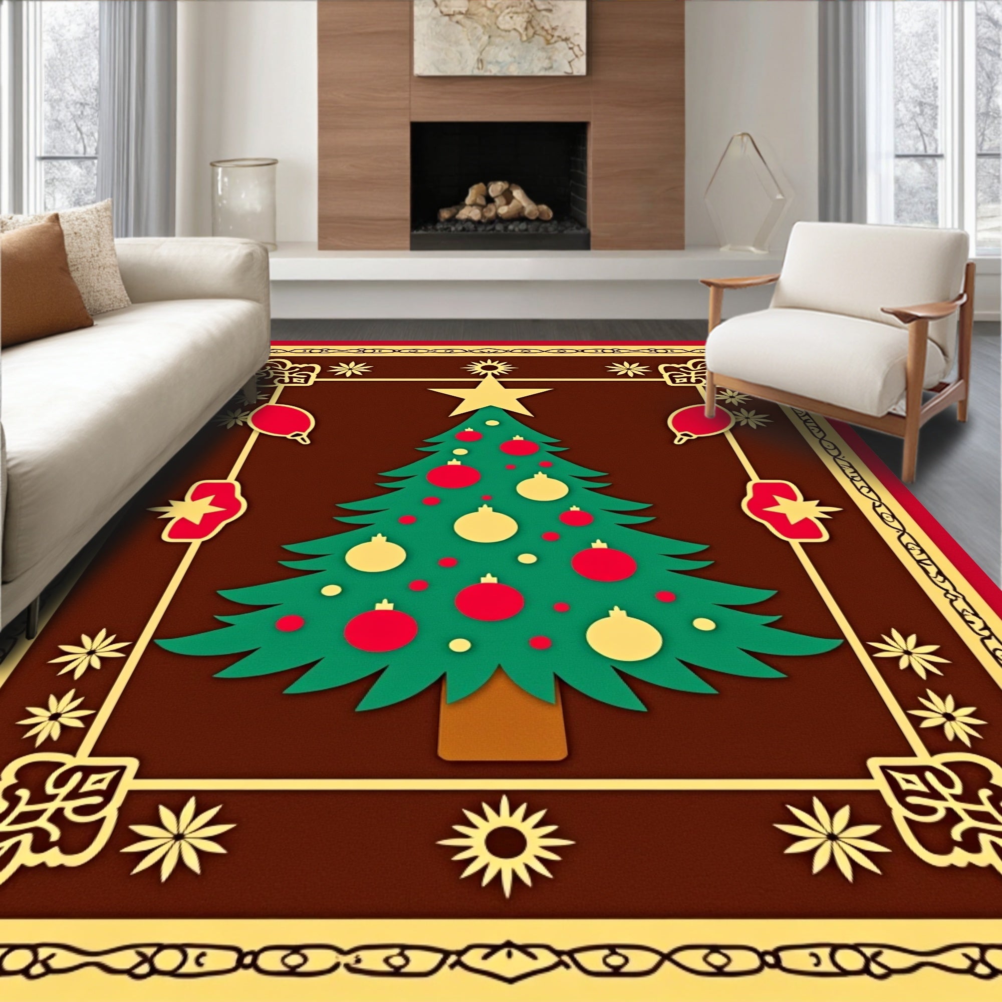 Festive Christmas Tree Red Gold Collage Rug
