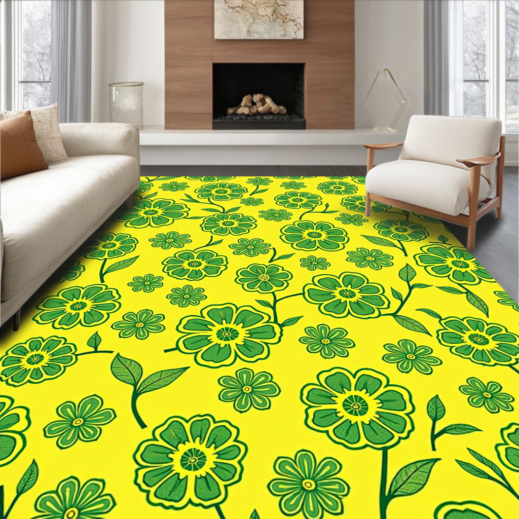 Retro Yellow Green Floral Bloom Rug