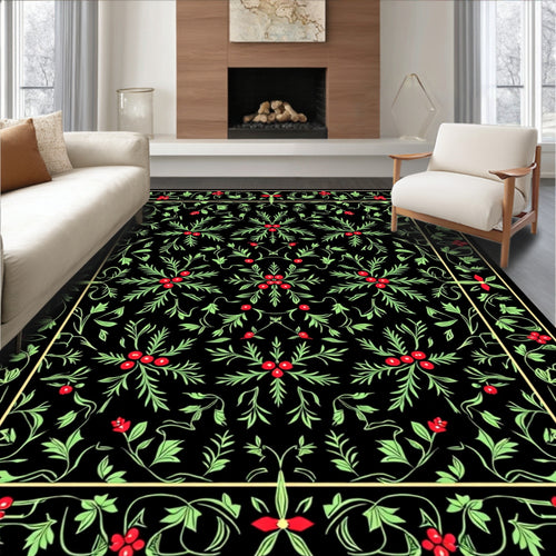 Black Emerald Holly Berry Vines Rug