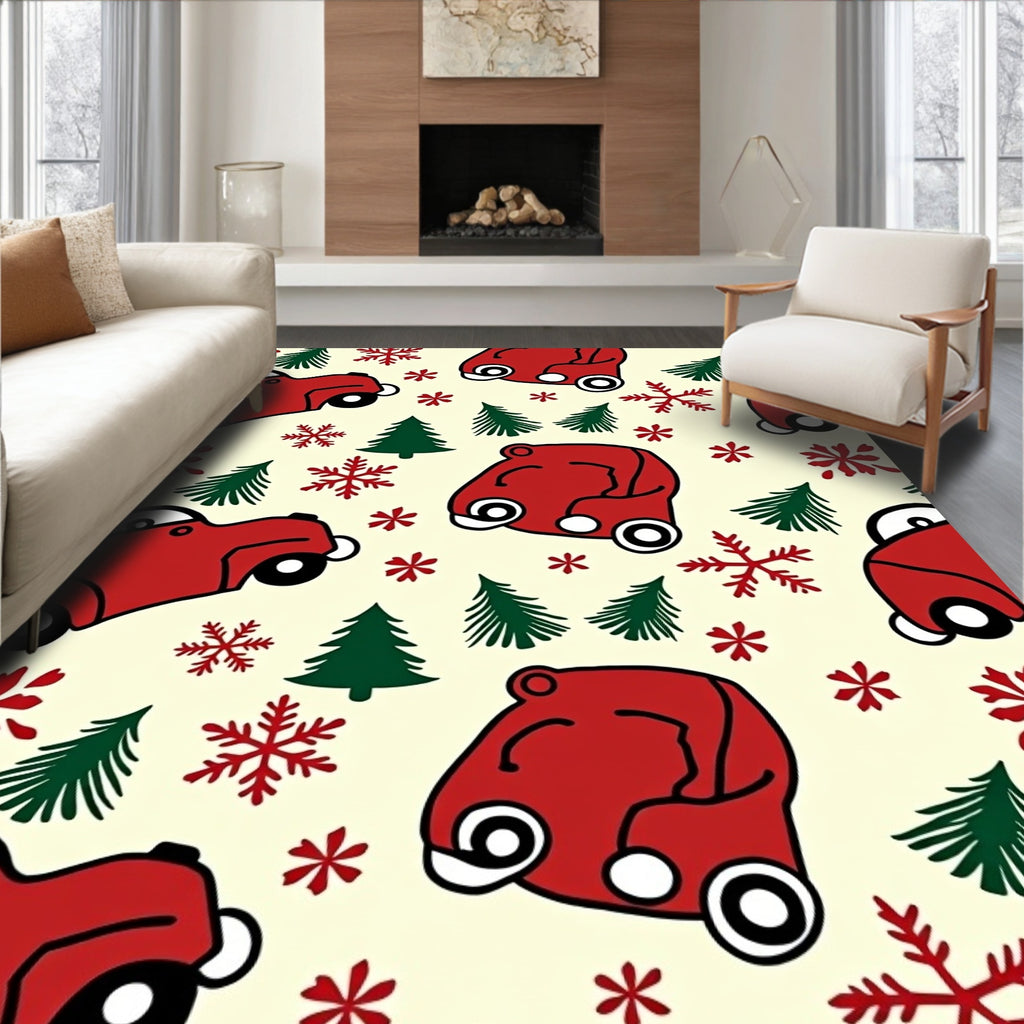 Red Vintage Car Christmas Trees Snowflakes Rug