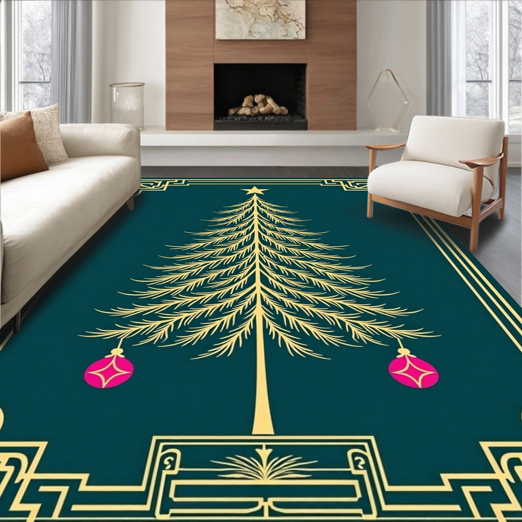 Golden Christmas Tree Pink Ornaments Rug